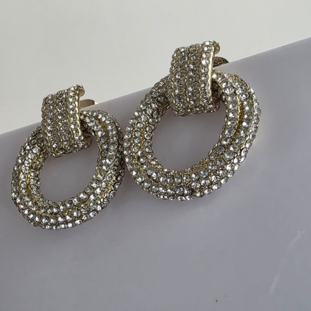 Gold Crystal Door Knob Hoop Earrings Pierced - Picture 4 of 11